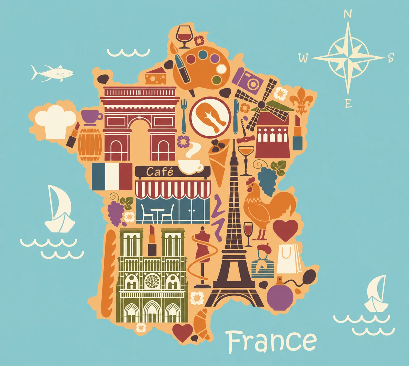 Illustrated map of France with landmarks including the Eiffel Tower, Arc de Triomphe and Notre-Dame